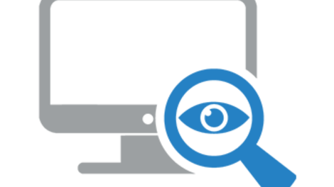 Icon: Lupe mit Auge vor Computerbildschirm als Symbol für mehr Überblick über Fertigungsabläufe mit der digitalen Fertigungsplanung 