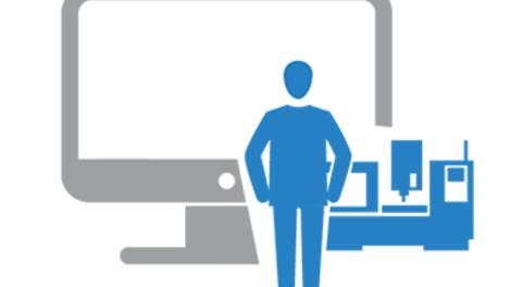 Icon Kapazitätsabgleich: Mensch steht vor Maschine und Computerbildschirm als Symbol für die einfache digitale Fertigungsplanung über alle Ressourcen hinweg.