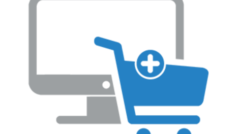 Icon: Einkaufswagen mit Plus vor Computerbildschirm als Symbol für Beschaffung und Abläufe integriert in der digitalen Fertigungsplanung.